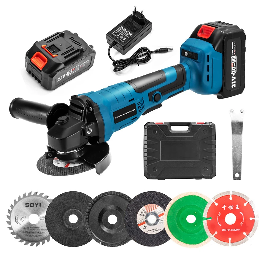 

Grinders Tools Brushless Motor Cordless Electric Angle Grinder with 21V 3000mAh Battery and 6PCS Saw Blades