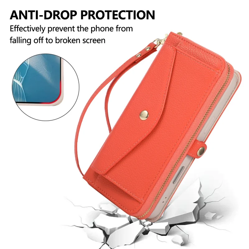 Elegant Crossbody Leather Wallet Phone Case with Zipper Card Holder and Mirror Cover