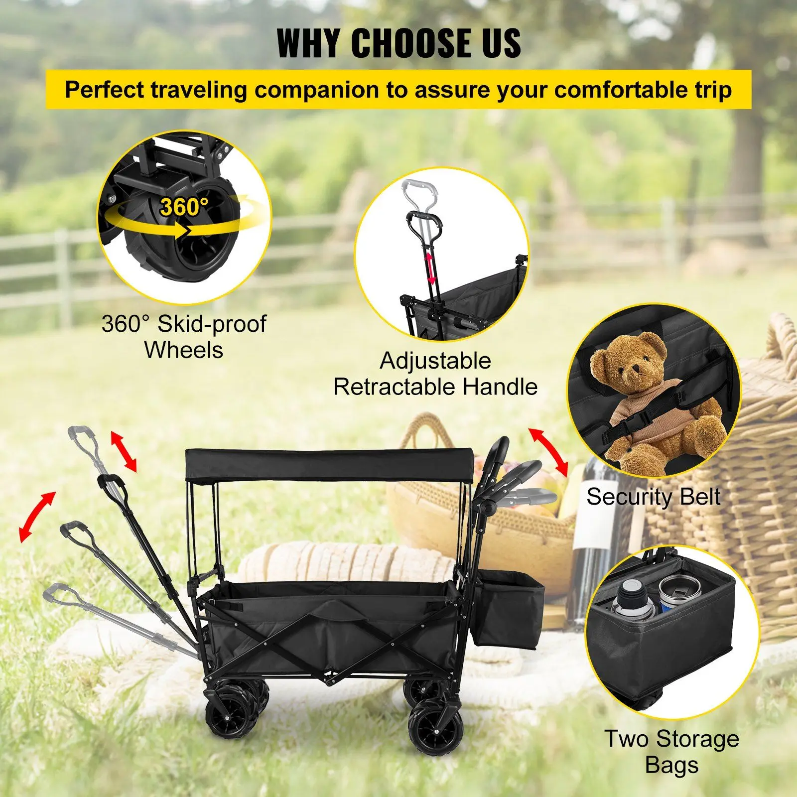 Extra Large Collapsible Garden Cart with Canopy, Folding Wagon with Wheels, for Gardening, Camping, and Shopping, Black