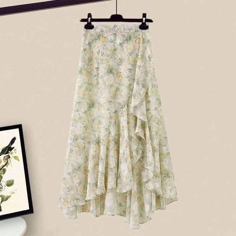 Oversized Summer Women's Clothing Set 2024 New Puff Sleeve Suspender Short Sleeved Hight Waist Slim Floral Skirt Two-Piece Suit