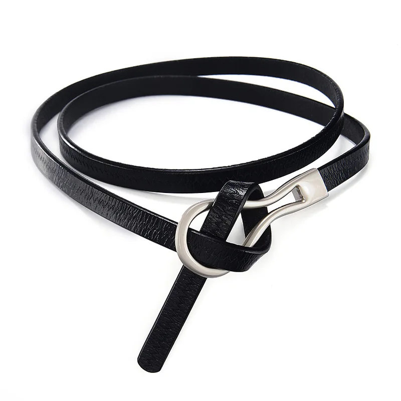 Simple Genuine Leather Thin Belt Women'S Soft Leather Knotted Loose 105cm Small Belt Waist Closing Decorative Accessory A3473