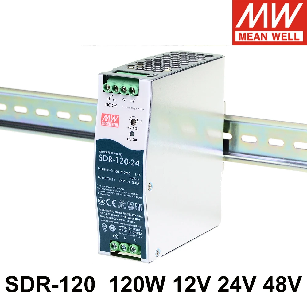 

Mean Well SDR-120 88-264V AC TO DC 12V 24V 48V 120W Industrial Single Output Din Rail Switching Power Supply with PFC