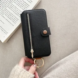 Leather Flip Phone Case with Wrist Strap and Card Holder Wallet - Protective Cover - iPhone 15 Plus (Black)