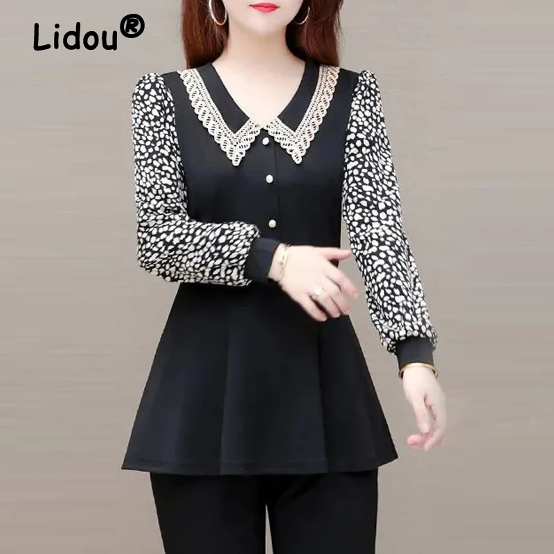 

Women's Cothing Spring Autumn Korean Fashion Elegant Lace Blouse Leopard Dot Print Patchwork Shirt Ladies Slim Long Sleeve Tops