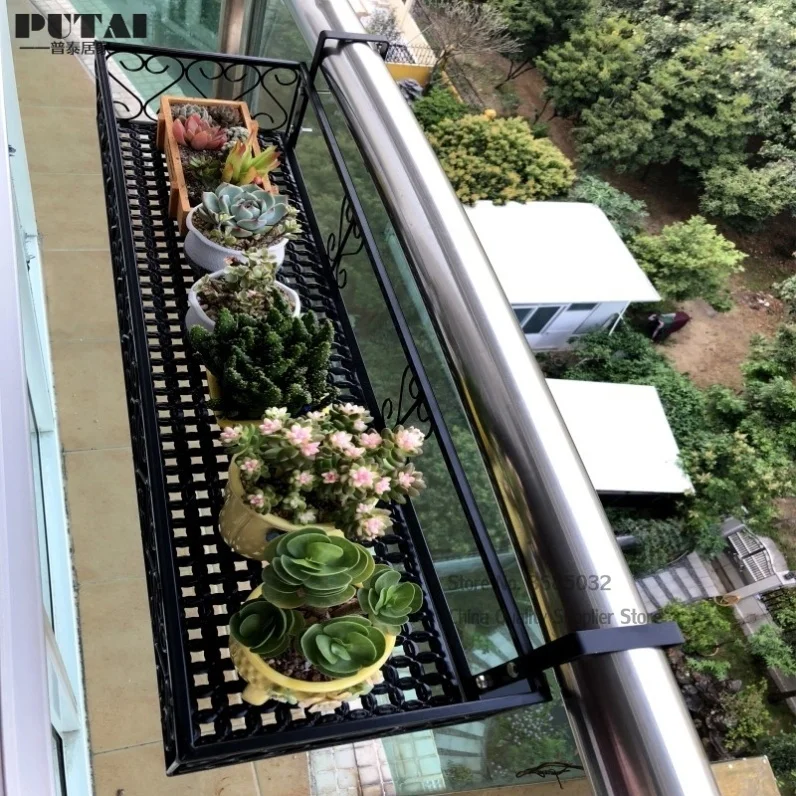 Hanging Iron Flower Stand Rectangle Window Shelf Balcony Plant Pots Flowerpot Wall Hanging Meaty Railing Flower Rack with hook