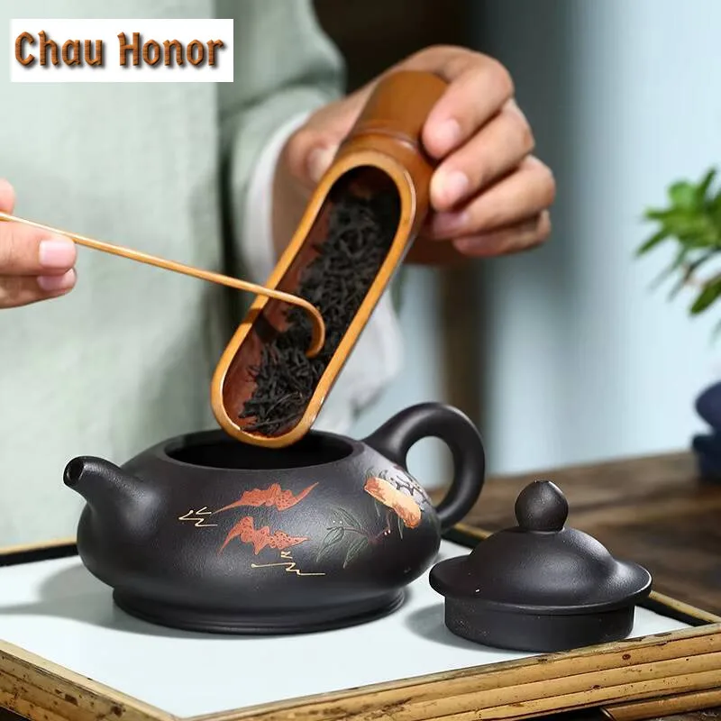 220ml Classic Yixing Purple Clay Teapots Handmade Longevity Peach Pot Raw Ore Black Mud Tea Soaking Kettle Chinese Zisha Tea Set