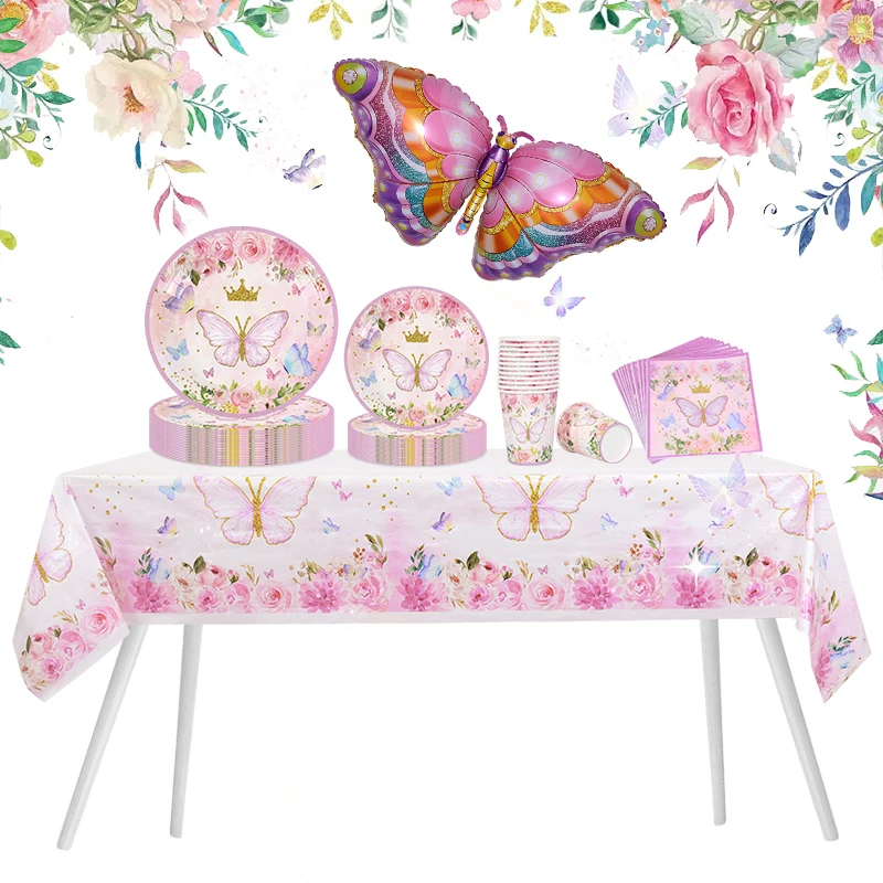

New Spring Butterfly Party Disposable Tableware Cup Plates Napkins Baby Shower Girl Happy Birthday Party Decoration Supplies