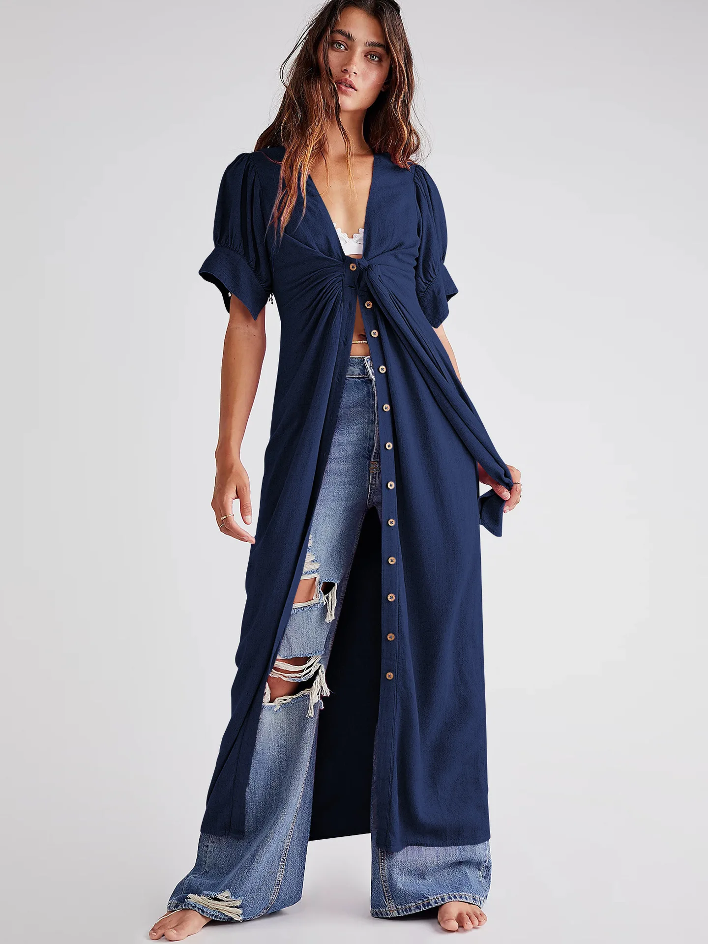 

Solid Bohemian Summer Beach Dress Women 2023 Button Bow Loose Long Cardigan Short Sleeve Loose Holiday Maxi Dress Vestidos