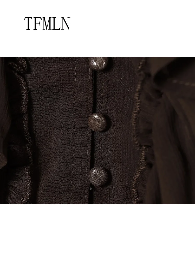 2026 Spring SummerOffice Ladies Loose Layered Blouses Elegant Women Long Sleeve Translucent Tops Single Breasted Ruffles Shirts