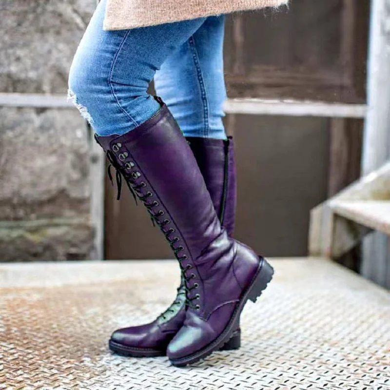 Knights Women's Boots Flat Bottomed Boots Winter New Round Head Side Zipper Large Square Heel Long Leg High Tube
