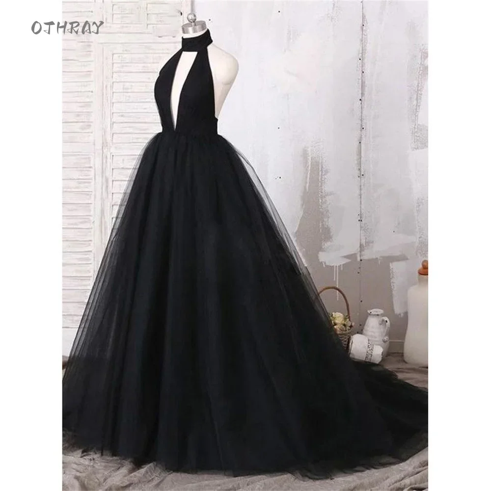 

Sleeveless Wedding Evening Dress A Line Halter Evening Gown Deep V Neck Elegant Prom Dress Custom Size Backless robes de soirée
