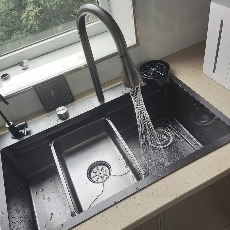 Stainless Steel Kitchen Sinks Nano Black Rainfall Waterfall Large Single-slot Kitchen Household Dish Sink Hand-washing Basin K 6