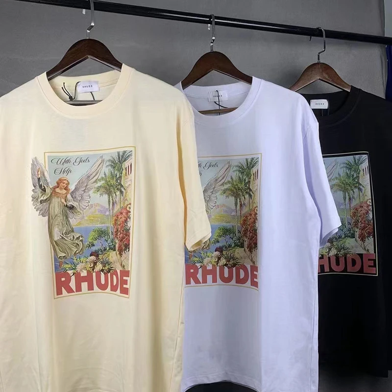 

RHUDE Flying Angel With Gods Help Fashion Print T Shirt Summer Men Women High Street Short Sleeve Cotton T Shirt