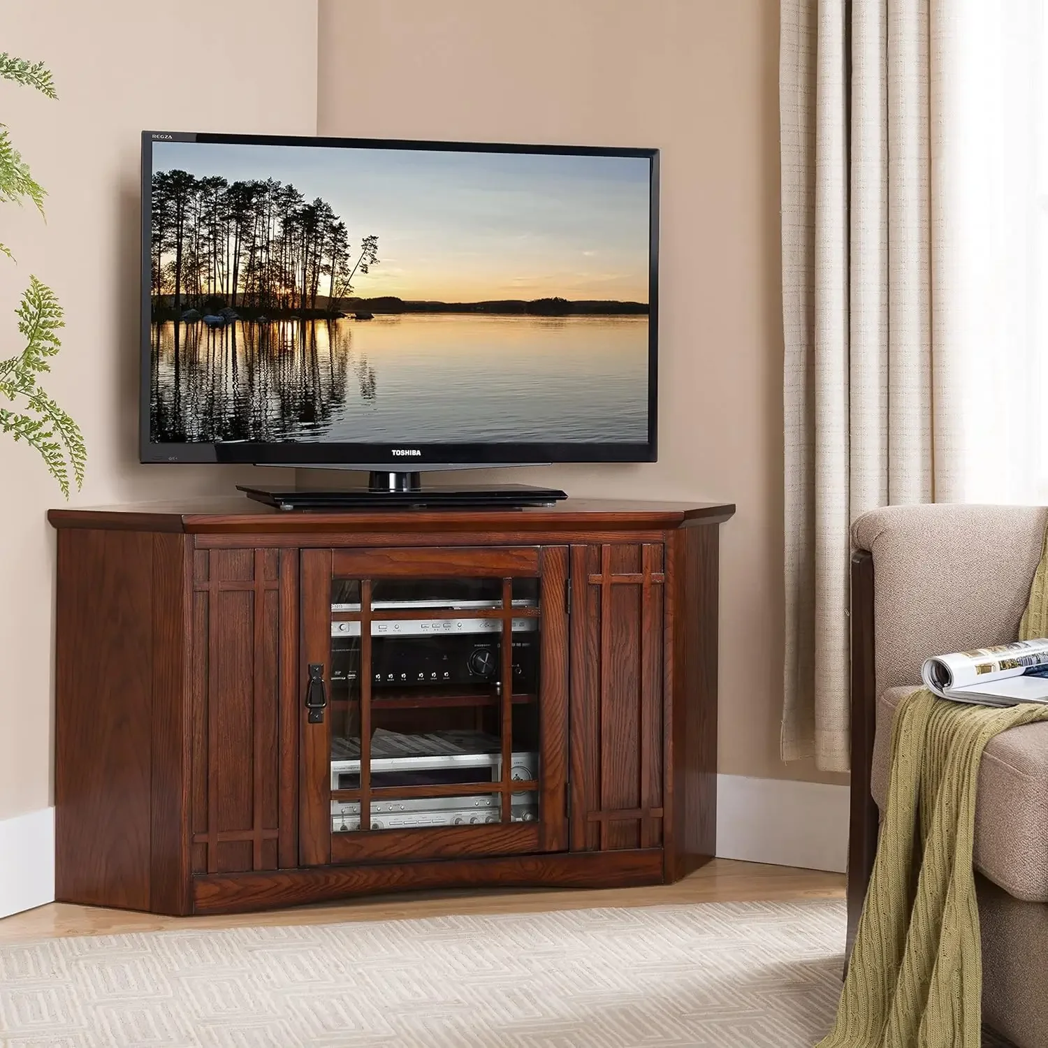 NEW-82285 Mission Corner TV Stand Made from Solid Wood, One Door and Adjustable Shelf, for 50" TVs, Mission Oak