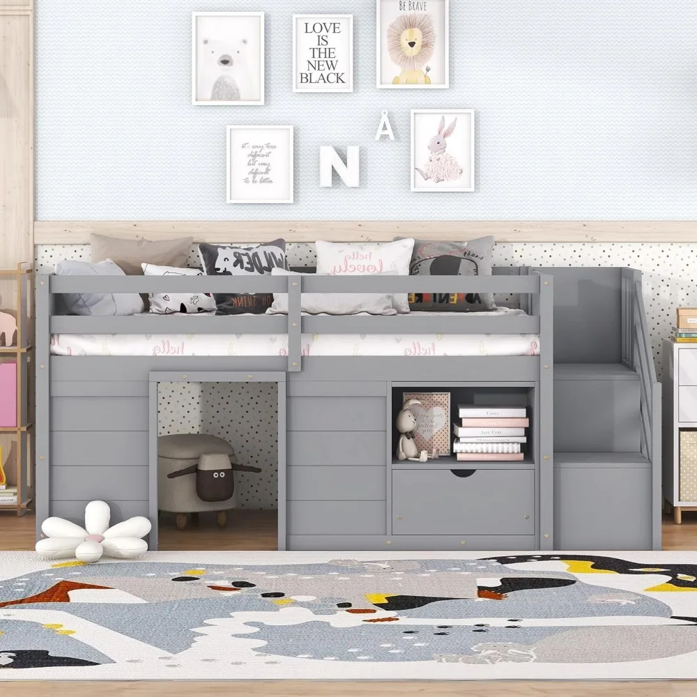 Children Beds, Twin Size Low Loft Bed for Kids, Wood Loft, Bed Is Made of Solid Pine, Particle Board, Plywood Side Rails 5