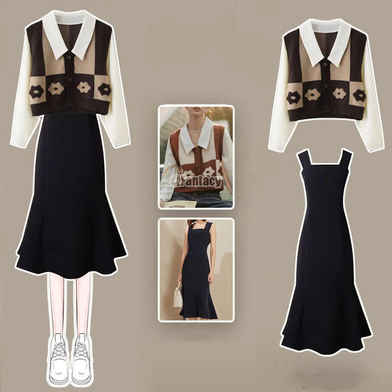 Women's Spring Autumn Suit 2023 New Age Reducing Loose Knitted Sweater Show Slender Temperament Strap Dress Two Piece Set