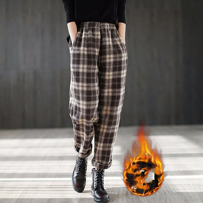 Women's Plaid Elastic High Waisted Pockets Shirring Solid Folds Harlan Casual Lantern Trousers Fashion Office Lady Loose Pants