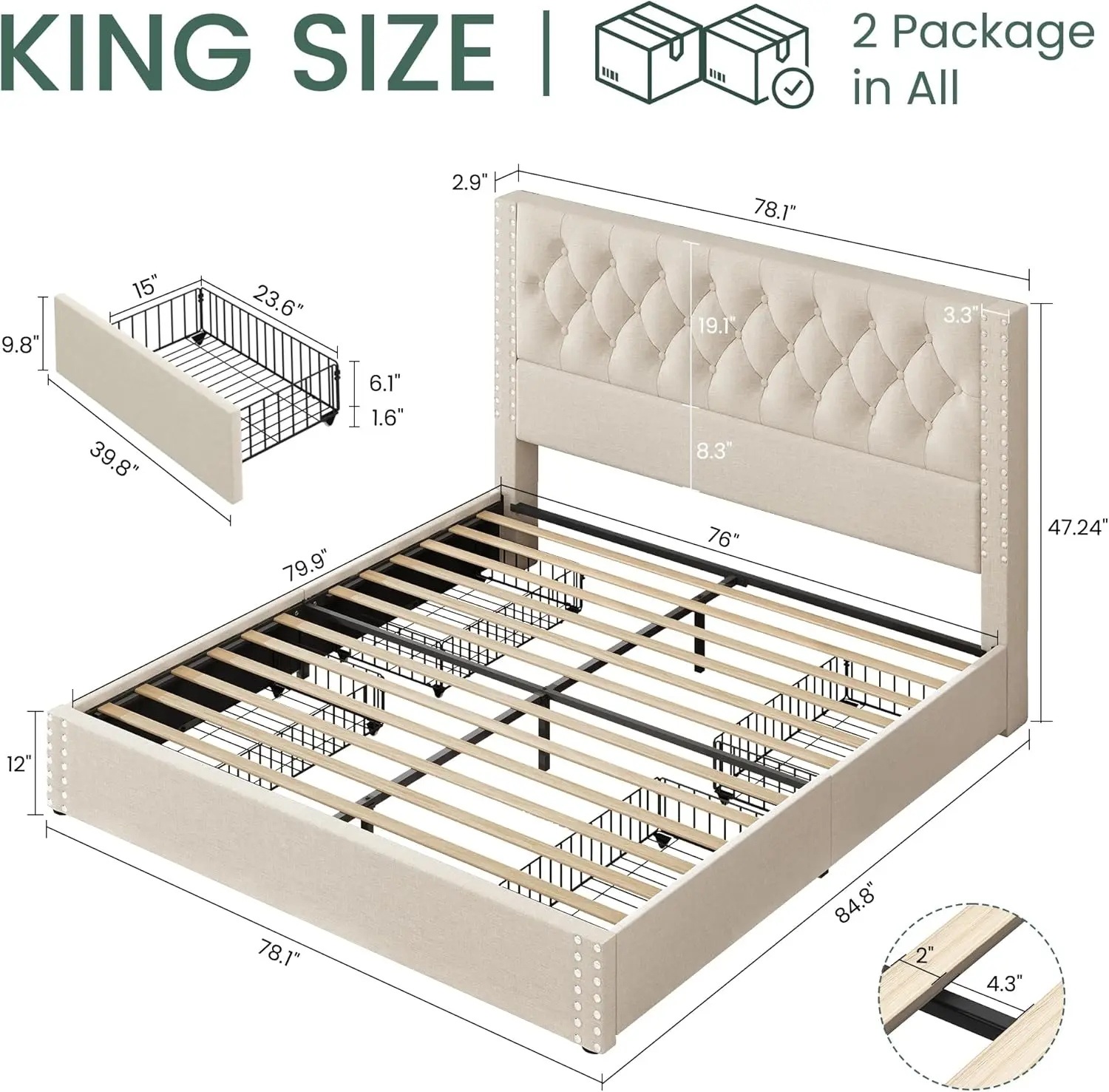 King Size Platform Bed Frame with 4 Storage Drawers and Headboard Linen Upholstered Bed Frame Tufted Beds , Beige 2