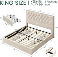 King Size Platform Bed Frame with 4 Storage Drawers and Headboard Linen Upholstered Bed Frame Tufted Beds , Beige 2