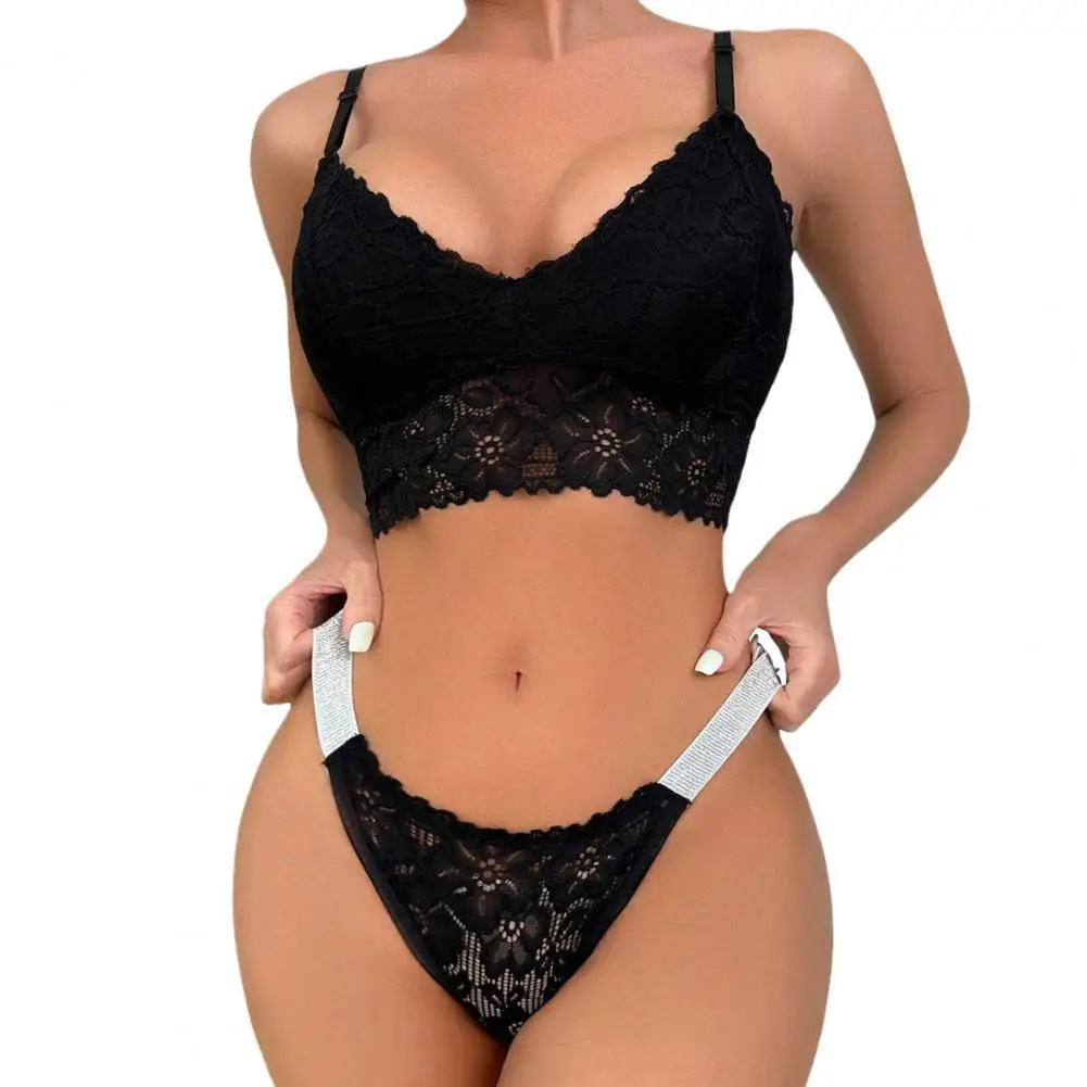 2 Pcs/Set Women Pajama Set Sexy Lace Underwear Hollow Out Adjustable Straps Solid Color Low-cut Bra Panties Pajama Set