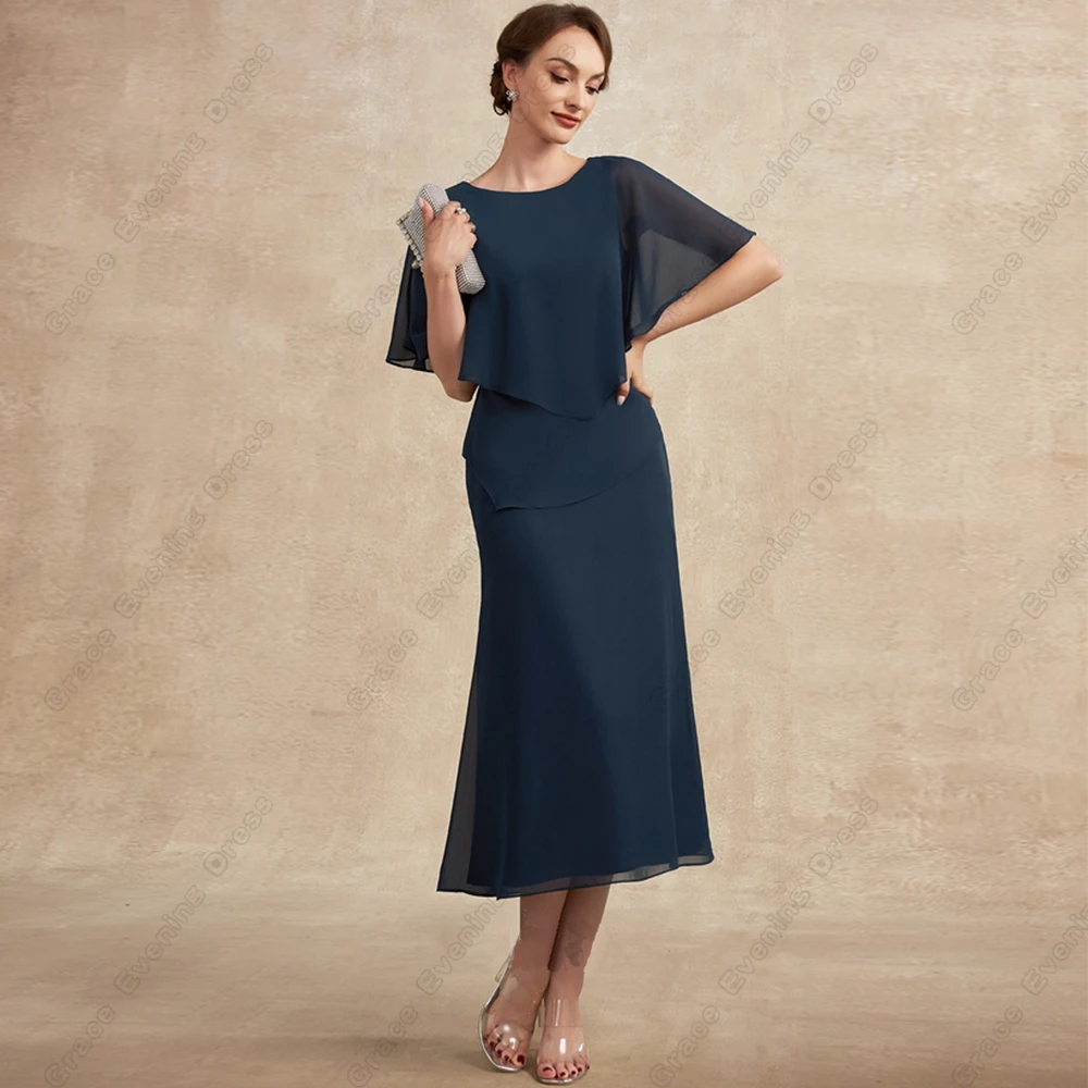 

Gorgeous Chiffon Mother of Bride Dresses for Ladies Party 2023 Tea Length Prom Gowns Scoop Vestido De Noche Summer