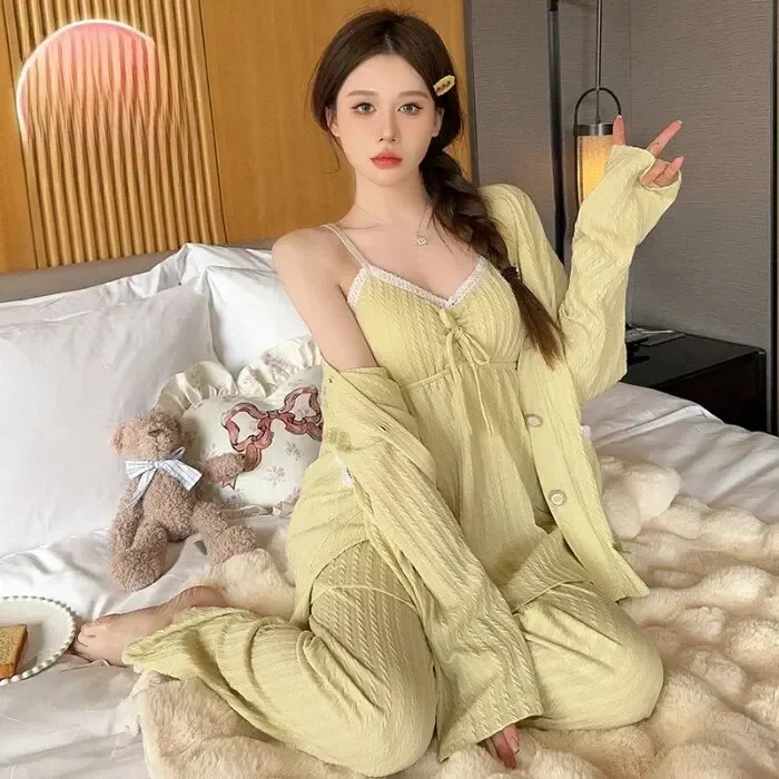 용수철 자카드 코튼 파자마 세트, 긴팔 가디건, 가슴 패드, 루즈핏 홈웨어 3 종 세트