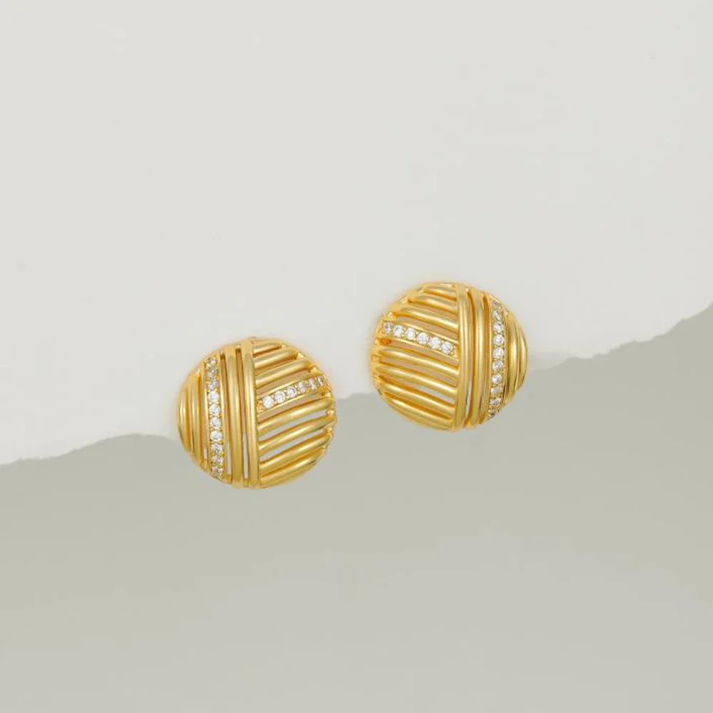 Sparkling Rhinestone Golden Stud Earrings Hollow Weaving Hemispheres Zircon Statement Earring Summer Versatile Women's Jewelry