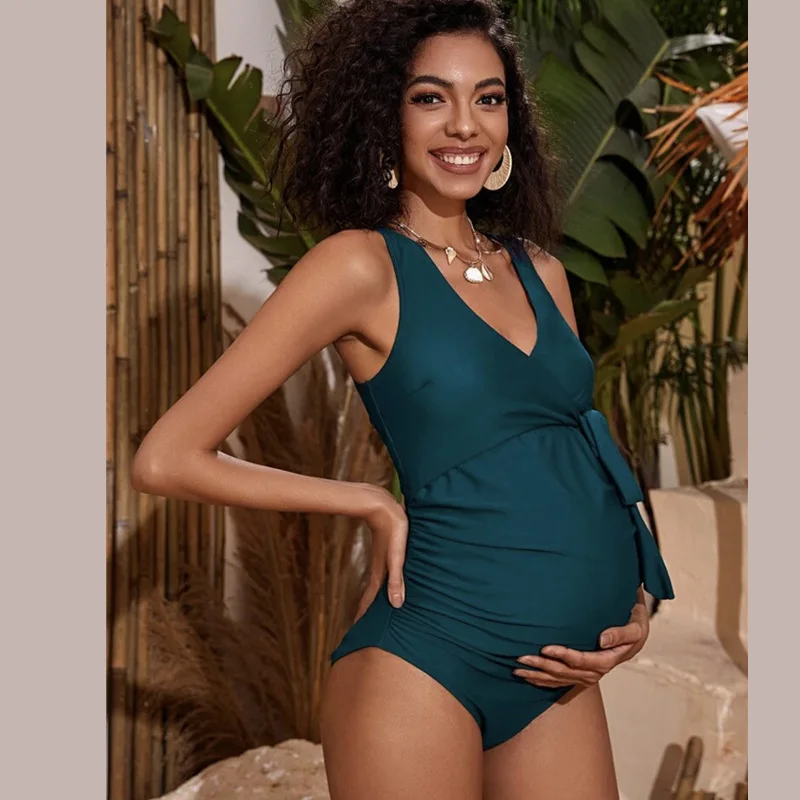 Summer Mae Maternity Swimsuit One Piece Tie Front Bathing Suit V Neck Pregnancy Swimwear High Cut 