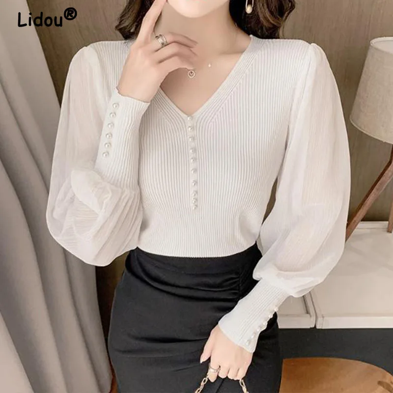 Women\'s Chiffon Splicing Knitted Pullovers, Office Lady Shirt, Women\'s Clothing, Chic T-Shirt, Tops, Summer, Autumn, 2024, New
