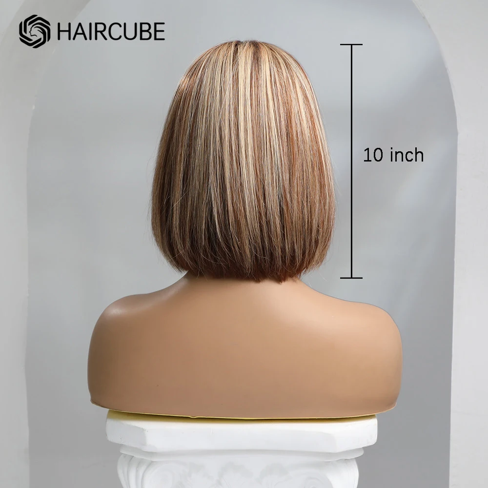 HAIRCUBE Remy Human Hair Lace Front Short Bob Wig Blonde Mixed Brown Piano Colored Highlight Straight Wigs for Women Middle Part