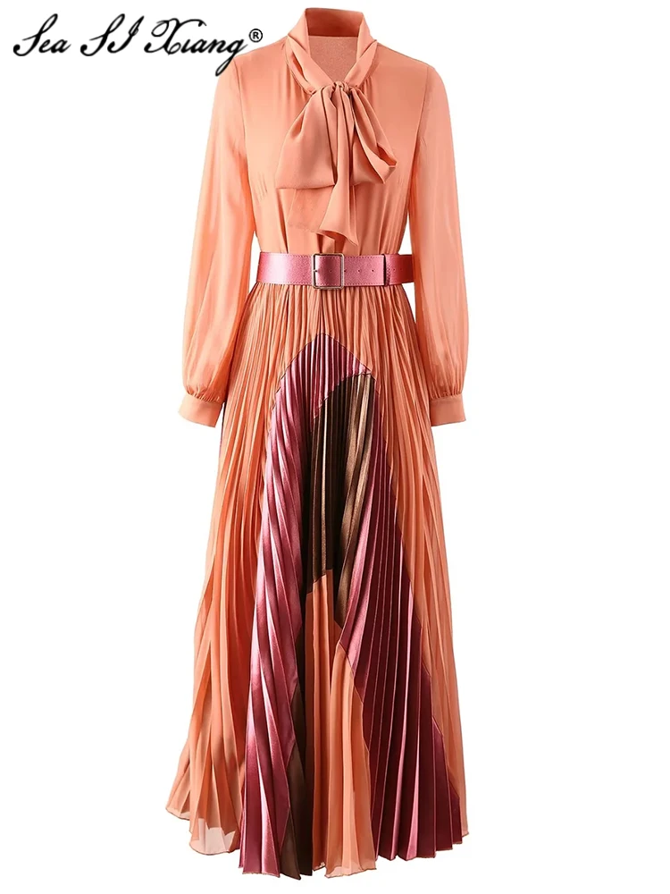 

Женское винтажное платье с поясом Seasixiang, дизайнерское весеннее плиссированное платье контрастных цветов с рукавами-фонариками и воротником на шнуровке