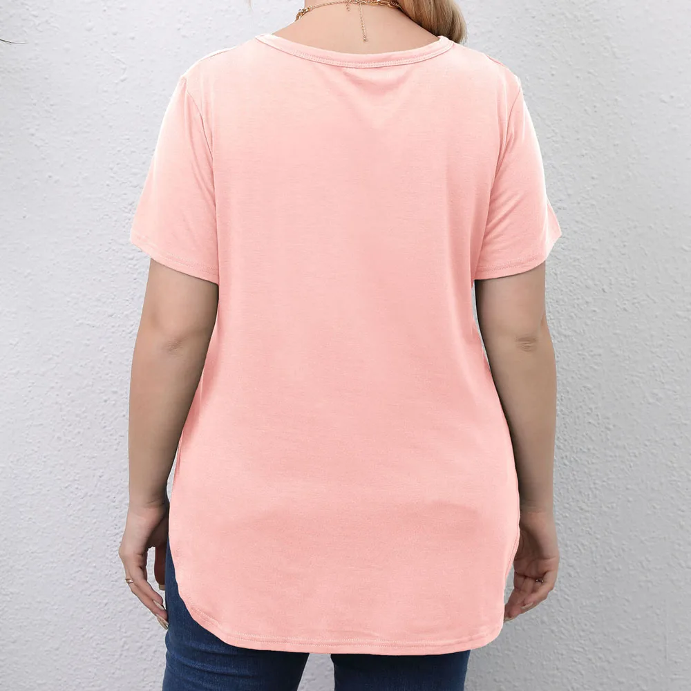 Pink Black Round Collar Short Sleeve Loose Tshirt for Women