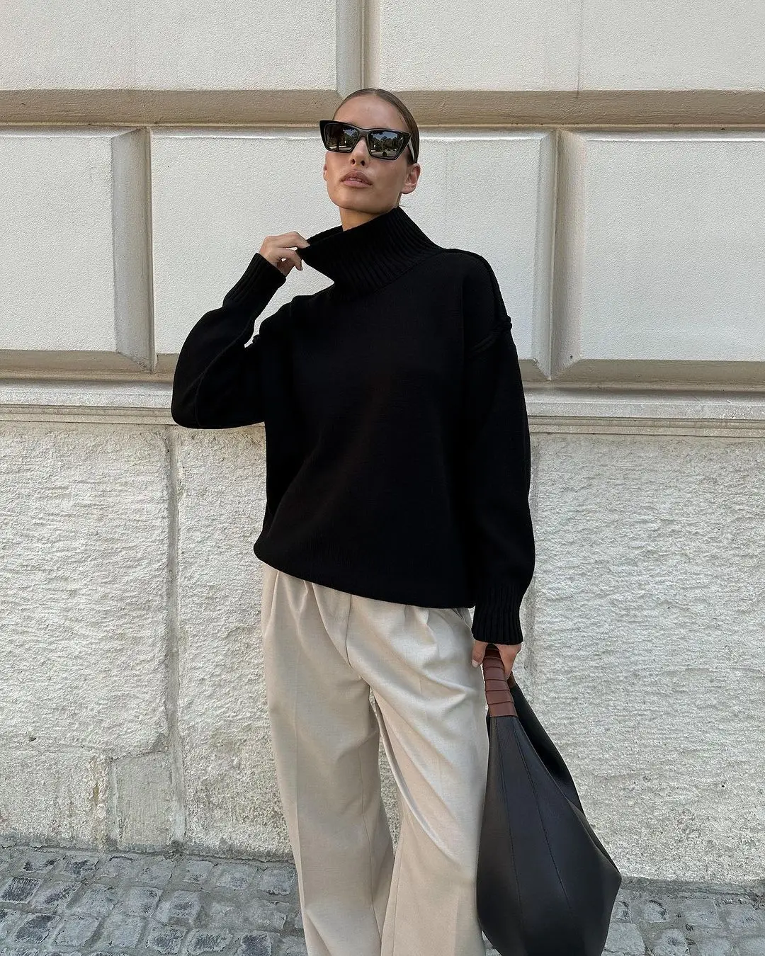 Winter Knit Turtleneck Pullover Female Clothes Loose Casual Ribbed Patchwork Long Sleeve Oversized Sweater Women Knitwear