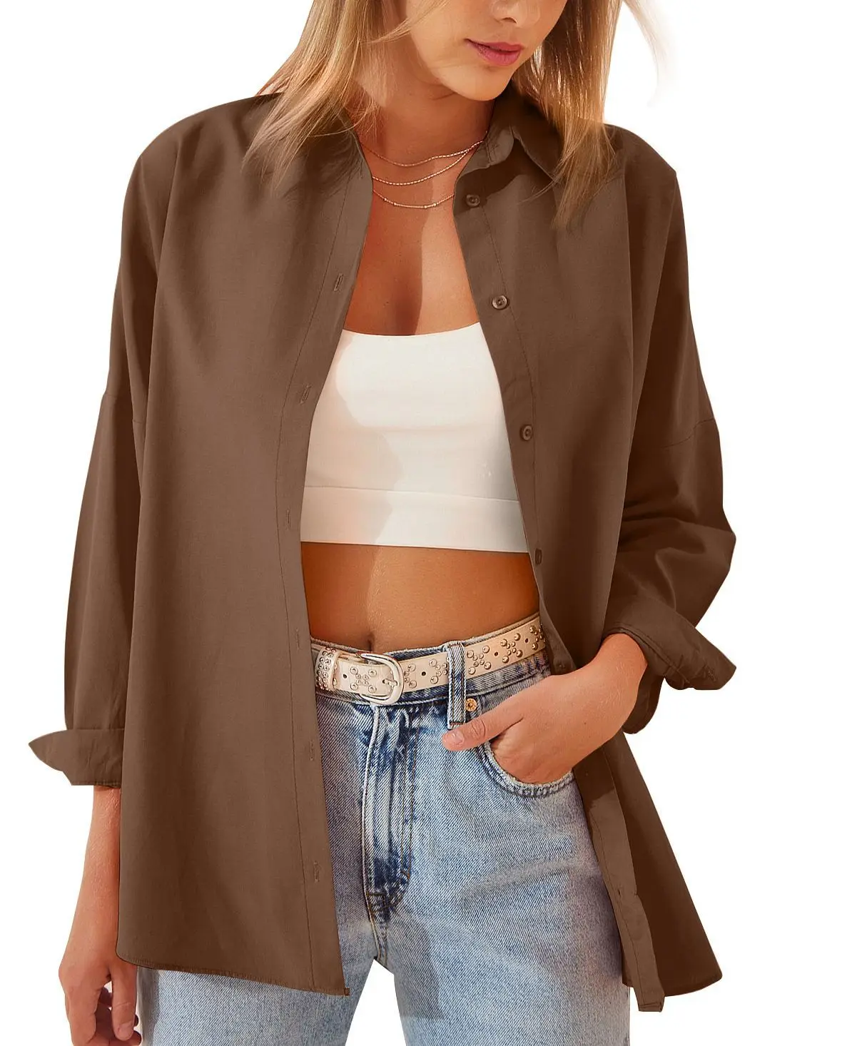 Womens Clothing V-neck Solid Button Long Sleeve Casual Blouse