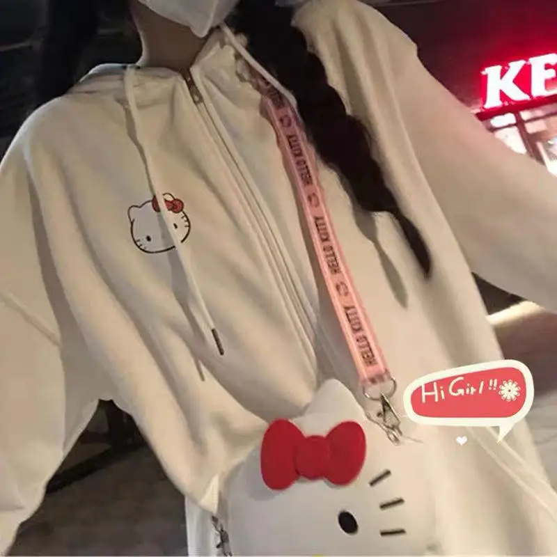 

New Sanrio Kawaii Hello Kitty Outer Garment Anime Cute Cartoon Cardigan Zipper Loose Hooded Versatile Sweet Coat Creative Gi