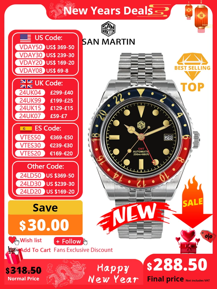 San Martin Nh34 40Mm Gmt Luxury Sports Style Full Luminoso Bidirezionale Zaffiro Lunetta Orologio Meccanico Automatico 20 Bar Sn0005