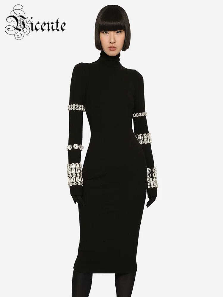 

VC Luxury Party Dresses For Women Long Sleeve Gloves With Crystal Bandage Black Midi Dress Evening Gowns 2023 Autumn Winter