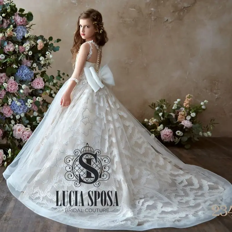 

FATAPAESE Flower Girl Dresses for Kids Vintage Princess White Satin Gown Long Sleeve Illusion Lace with Bow Wedding Even Party