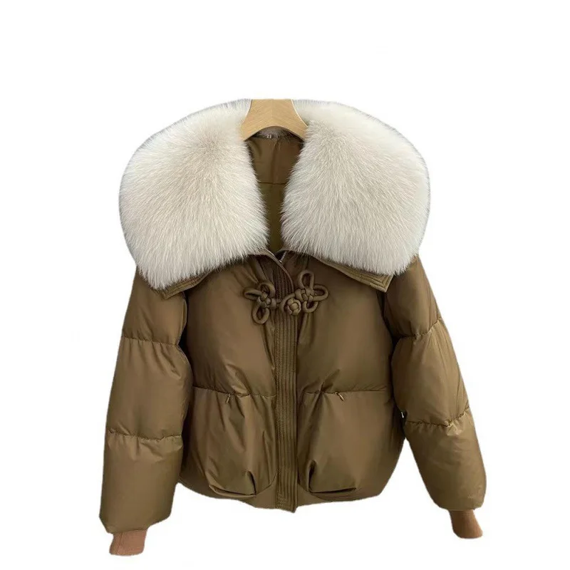 

2023 Winter New Women Down Coat Fox Fur Collar 90 White Duck Down Thickened Loose Coat Fashion Short Warm Snow Wear Overcoat