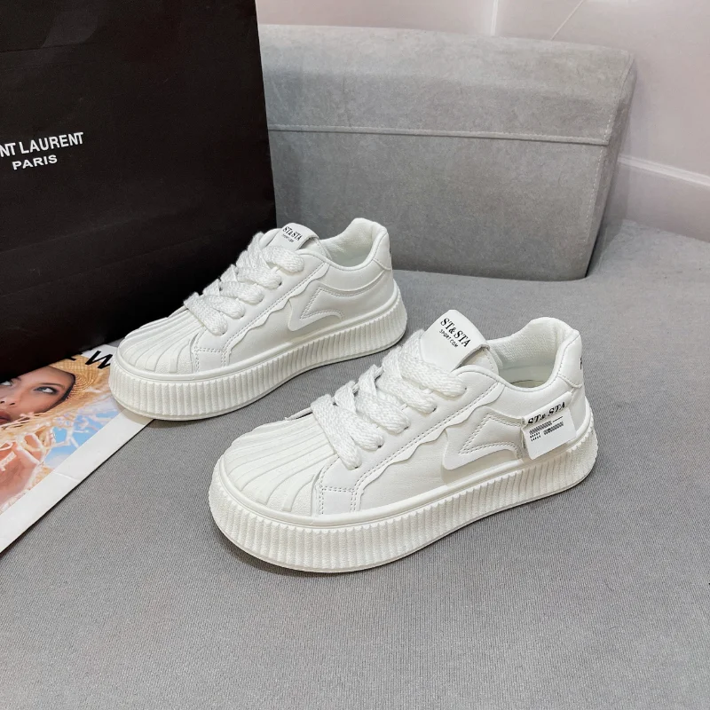 

Кроссовки женские на шнуровке, Вулканизированная подошва, повседневная обувь, дизайнерские, белые, на весну-осень