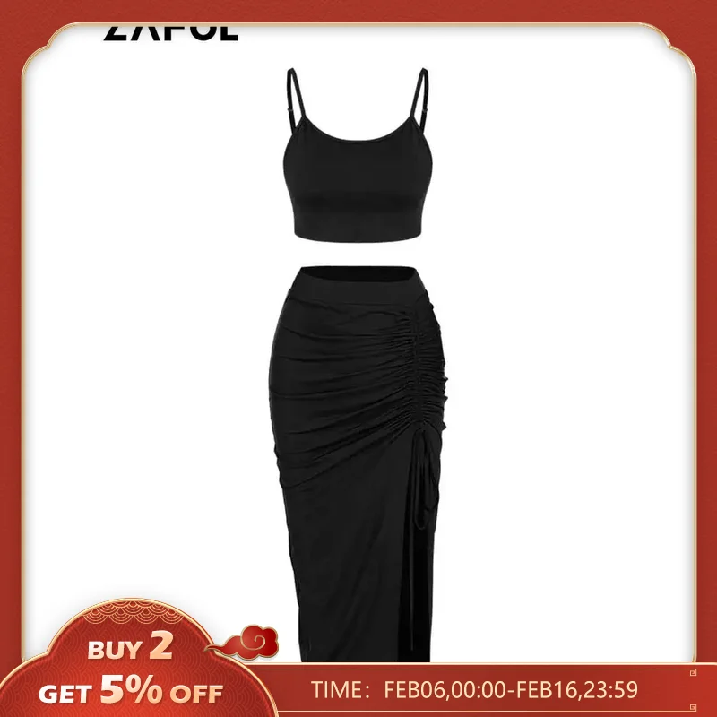 ZAFUL-Top de tirantes finos con abertura alta y fruncida falda, conjunto de dos piezas, Z4838541