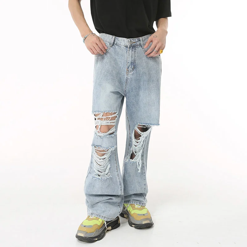 

SYUHGFA Broken Hole Straight Jeans Hip Hop Men's Wear Distressed Street Personality Casual Baggy Denim Pants Trend 2024 New