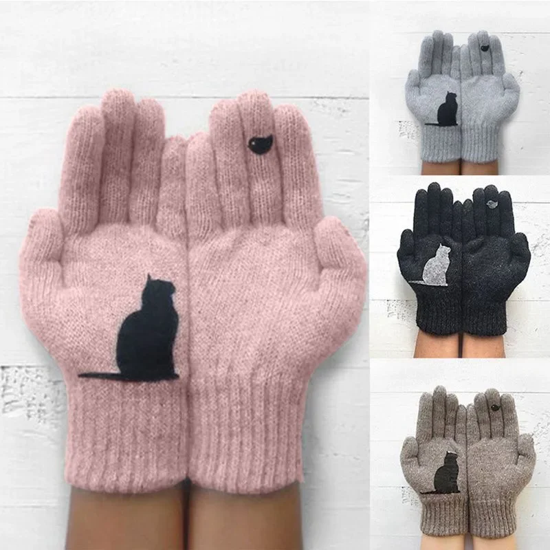 

Зимние перчатки для мужчин и женщин, теплые трикотажные перчатки с принтом милого кота и птицы для подростков, ветрозащитные зимние теплые мягкие