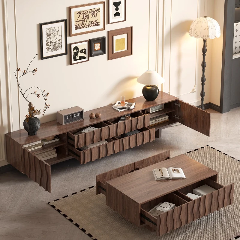 Solid Wood Mid Century Modern TV Stand With Coffee Table Storage Cabinet New Collection Small Space Living Room Furniture Set