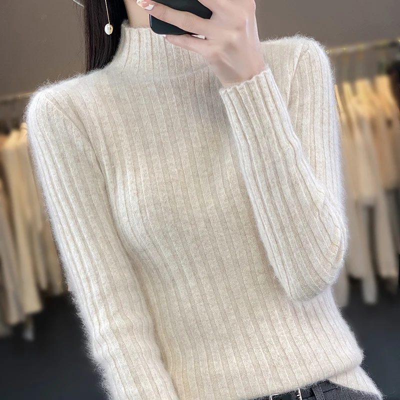 

Women's 100% Pure Mink Cashmere Sweater,Half Turtleneck,Slim Pit Strip Knitted Sweater,New Top,Spring,Autumn,Winter Wear,Fashion