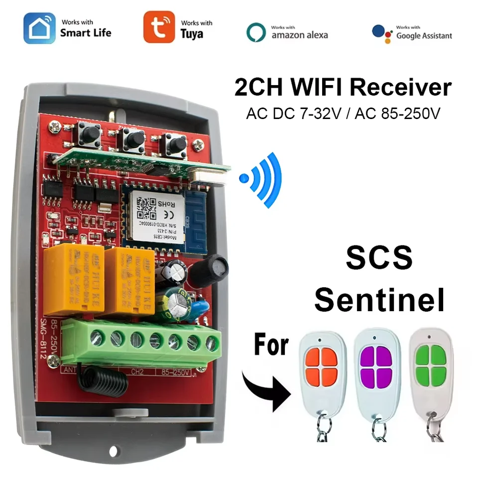 Automatische schuifpoortopenerkit, Tuya Garagedeuropener Poort Ontvanger 2ch 433 mhz 433.92 mhz Universele Vaste Rolling Code Multi Merk Controller Schakelaar voor oprit schuifpoort(Size:AC DC 7-32V W