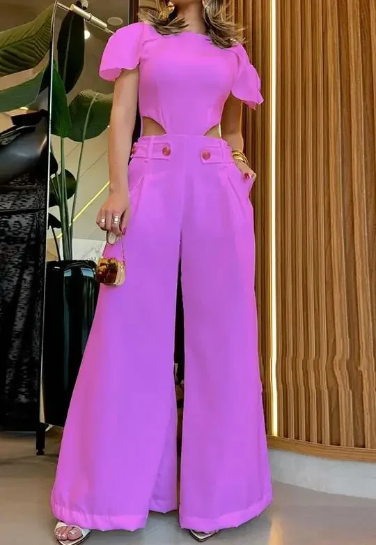 Fashion Women's Bodysuit Hollow Pocket Button Decoration Casual Pants Unique Waist Wide Leg Long Jumpsuit Women 2024