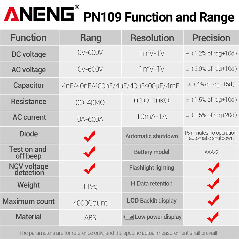 ANENG PN109 스마트 클램프 디지털 멀티미터 600A 고전류 NCV 비접촉 유도 전문 전기기사 진단 도구