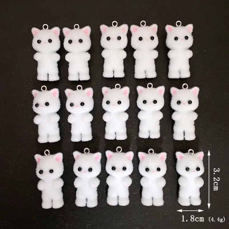 10PCS Cat Kawaii 3D Fluffy Flocking Animal Charms Miniature Dolls Keychain Necklace Pendant DIY Crafts Jewelry