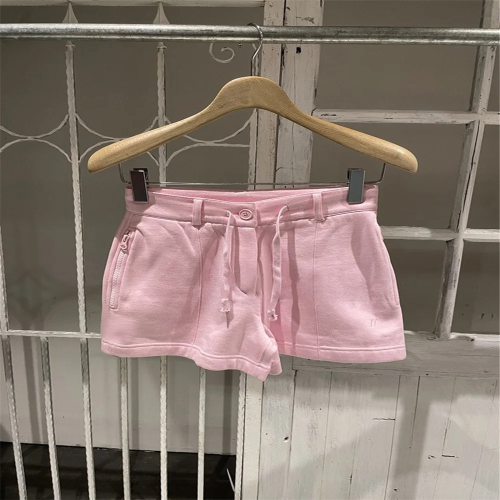 

Pink Sweet Lace Up High Waist Shorts Summer New Zipper Hot Pants Sportscasual Pants Women